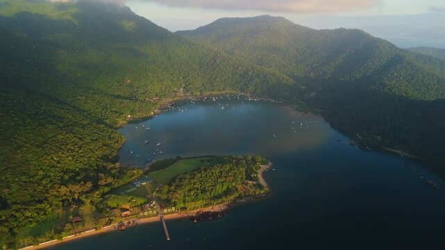 Aerial view of the calm lagoon named Saco do Ceu on the island of Ilha Grande near the town of Angra dos Reis in Brazil