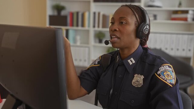 Woman officer speaking into headset and raising hand while pointing at computer monitor on a police building office desk; stress duty.