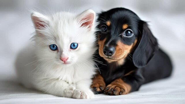 White kitten and black puppy together