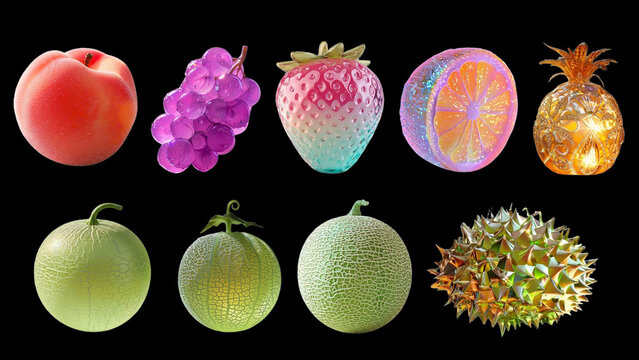 Colorful fantasy fruit collection isolated on transparent background