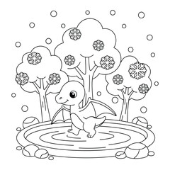 Pterosaur character explores a frozen prehistoric pond in a snowy winter forest scene coloring page © Crafter