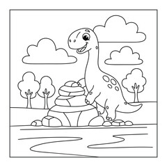 Sauropod character stands next to a stack of rocks in a prehistoric landscape coloring page © Crafter