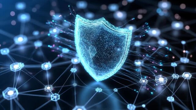 Glowing shield surrounded by blue digital lines in luminous style on dark background, symbolizing cybersecurity and protection