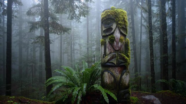 Moss-covered totem pole in misty ancient forest with lush green ferns and tall trees