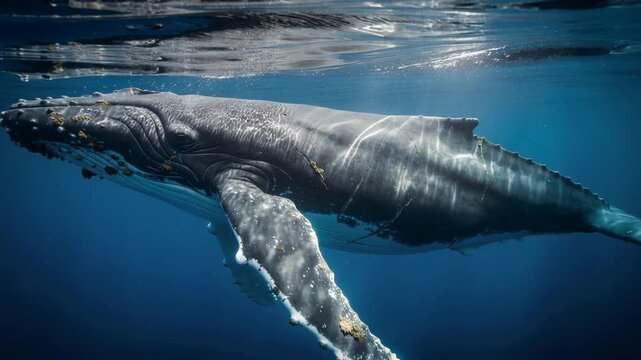 Close up of majestic humpback whale swimming underwater in deep blue ocean with sunlight reflections