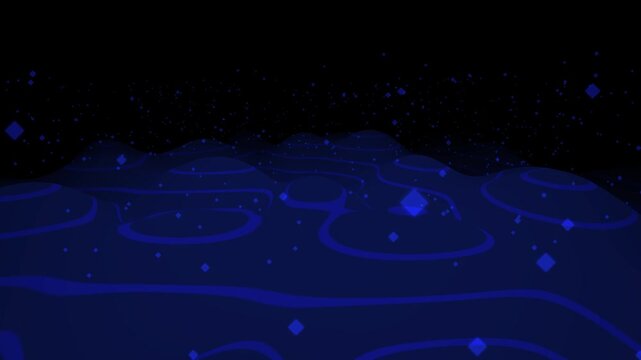 High quality 4K seamless abstract background loop. Features vibrant flowing topographic lines, dynamic fluid energy, and floating glowing diamond particles. Perfect for technology, AI concepts