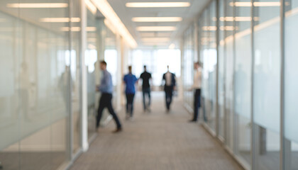 Fototapeta premium Blurred image of a modern office hallway with professionals walking. The glass walls create a contemporary, open workspace environment.