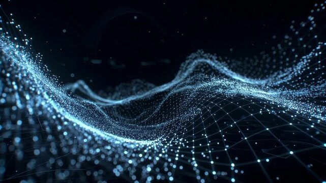 Glowing particle waves forming a dynamic digital grid on a dark background, concept of technology motion and data flow