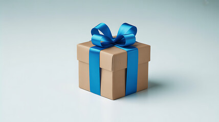 Fototapeta premium A simple cardboard gift box is tied with a bright blue ribbon and a bow on a plain white background