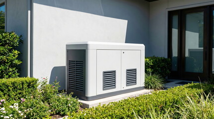 Fototapeta na wymiar Backup power generator standing outside modern home with lush landscaping, reliable energy supply solution.