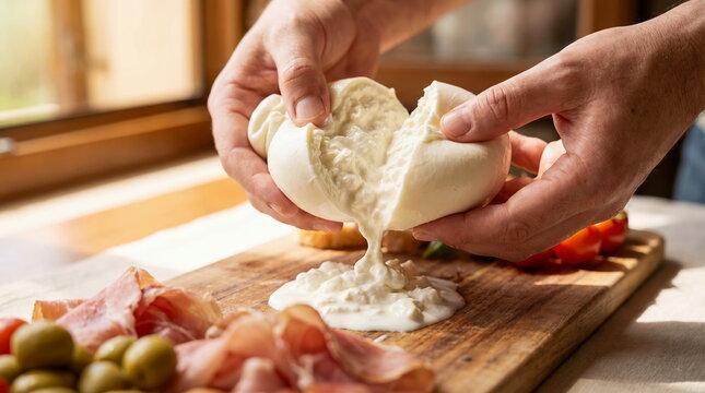 Burrata cheese torn open by hands on wooden board with charcuterie, fresh Italian food preparation.