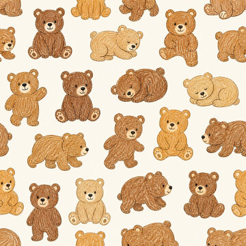 Seamless cute bear pattern with hand drawn brown teddy bears, sitting, walking and sleeping, crayon texture on warm beige, nursery wallpaper and kids textile print.