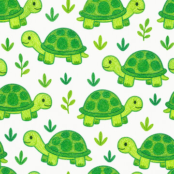 Seamless cute turtle pattern with green hand drawn turtles, leaves and crayon texture on white, nursery wallpaper, baby fabric and kids textile print.
