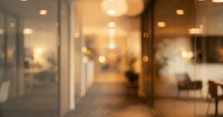 A softly blurred interior view of an office corridor, featuring modern decor, soft lighting and plants, creating a calm and inviting atmosphere. © Vhagar