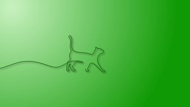 Minimalist Continuous Line Drawing Animation of Cat on gradient green background 