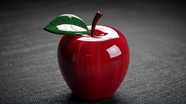 A glossy red apple with a vibrant green leaf resting on a dark textured surface