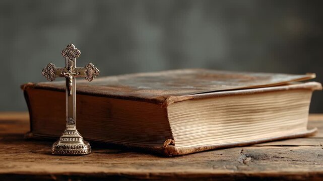 Ornate silver crucifix with detailed jesus figure beside a vintage leather bound bible and worn pages on a textured wooden table, evoking faith, devotion and quiet reflection