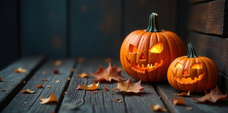 Ghoulish pumpkins on weathered wood, spooky ambiance, texture, horror