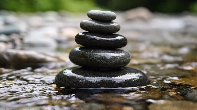 Stacked dark grey river stones balanced perfectly in shallow flowing water, creating a serene and meditative outdoor scene with natural textures