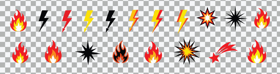 Set of fire, lightning bolt, and explosion icons flame, electric shock, and starburst symbols © Hand Made
