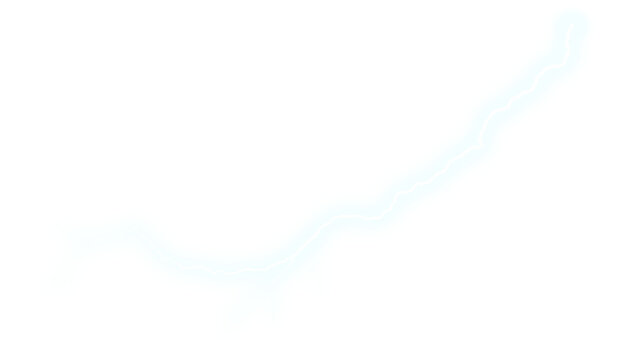 Electric blue lightning bolt on white, powerful electrical discharge spark, bright cyan energy flash, atmospheric weather phenomenon isolated PNG with Transparent Background