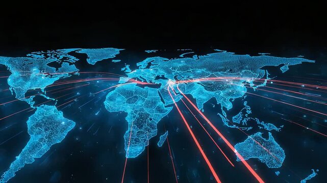 Digital world map with glowing global network routes, international data connections, cybersecurity tracking and worldwide communication