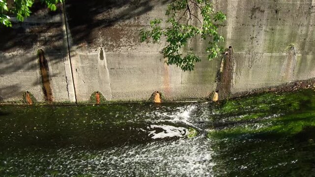 コンクリート壁の水路を流れる小さな滝と泡立ち