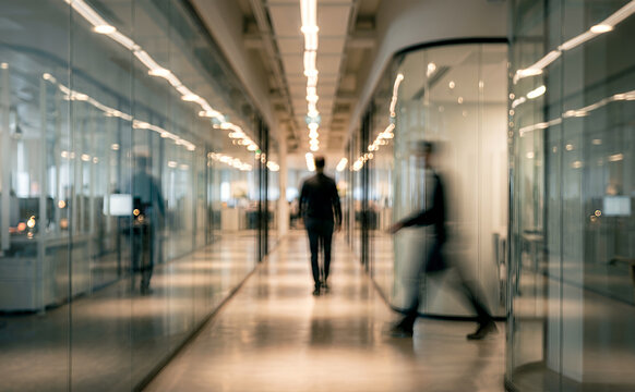 A blurred image of professionals walking in a glass-walled office corridor, showcasing modern corporate architecture and a busy work environment.