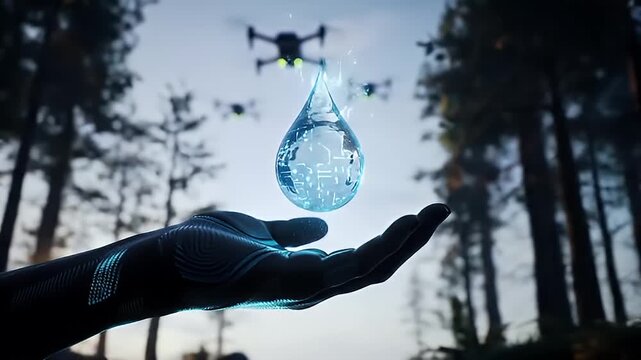 A gloved hand cradling a luminous water droplet suspended above the palm in a moonlit forest