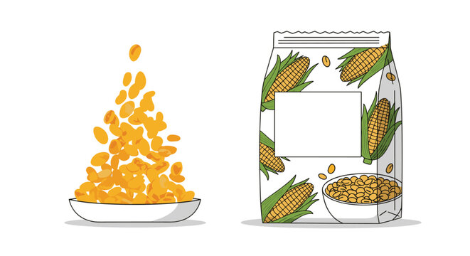 Fresh corn kernels being poured into a white bowl next to a packaged bag of corn products on a white background.