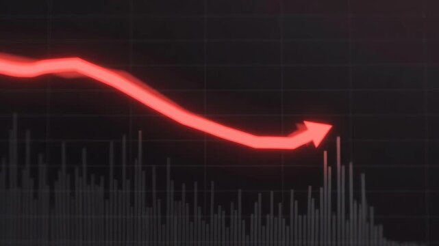 Red falling arrow over dark grid in minimal graphic style on black background showing concept of decline loss