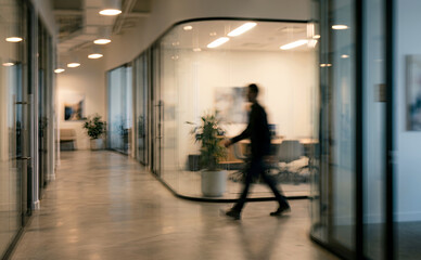 Fototapeta premium A blurred motion of a person walking in a modern office corridor with glass walls and plants, reflecting a contemporary workplace environment.