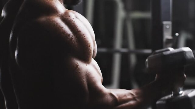 Muscular Bodybuilder Bicep Curl With Heavy Dumbbell Cinematic Low Key Lighting Dramatic Atmosphere Dark