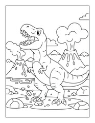 Tyrannosaurus roaring prehistoric predator near volcanoes coloring page illustration © Crafter