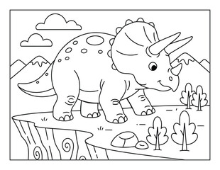 Triceratops friendly horned dinosaur standing on cliff coloring page illustration © Crafter