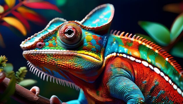 closeup of a colorful chameleon lizard generative ai