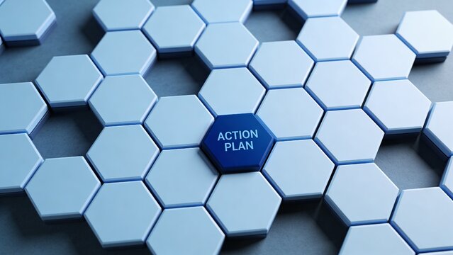 Business concept image of a blue action plan on a honeycomb pattern.