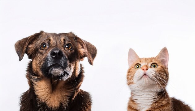 pets banner dog and cat looking up begging treats or food isolated on white background