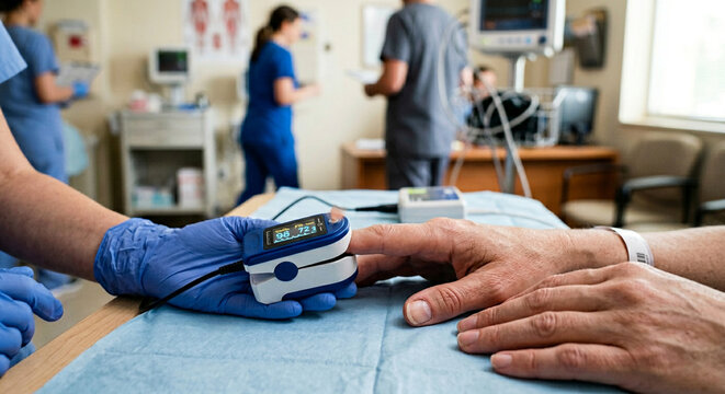 Medical professional in blue gloves placing pulse oximeter on patient finger to measure blood oxygen levels and heart rate in hospital setting