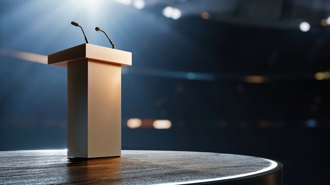 Empty podium with dual microphones on stage in a large auditorium under dramatic spotlights, ready for a speech or presentation.