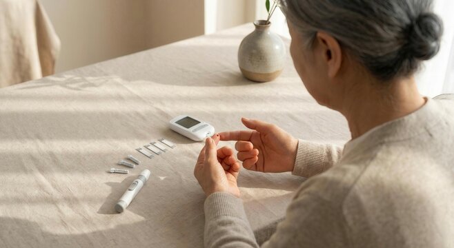 Senior Asian woman using lancet to prick finger for daily blood glucose monitoring