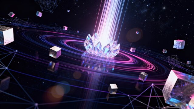 Abstract cosmic scene with glowing shapes