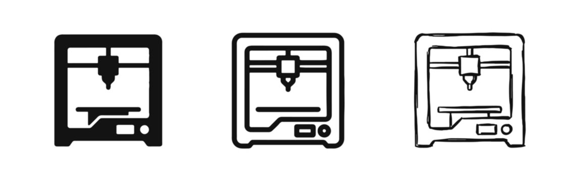 3D Printer Icon Set with Solid, Outline, and Sketch Styles for Modern Manufacturing and Prototyping