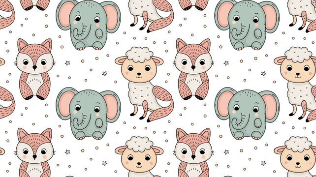 Baby hand drawn design for textile, posters, cards. Baby animals pattern. Fabric baby design.. Vector illustration with cute animals. Nursery baby pattern ... See More
By moleskostudio