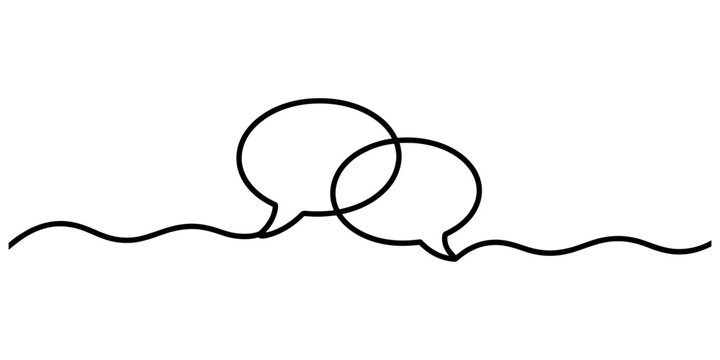 Continuous single line drawing of two speech bubbles connected together representing a conversation or communication concept in minimal black style