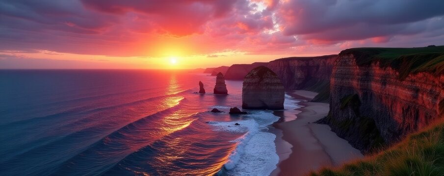 Gower sunset, Three Cliffs Bay, vibrant sky, dramatic cliffs , idyllic, sea