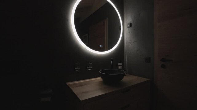 Luxurious dark bathroom featuring a wooden vanity, stone sink, and a glowing circular led mirror