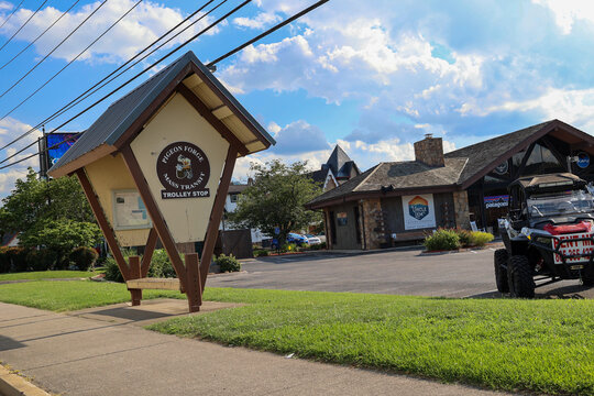 Pigeon Forge, Tennessee, USA - July 31, 2023: Run Time Trolley Stop in Pigeon Forge on the Parkway in downtown Pigeon Forge Tennessee