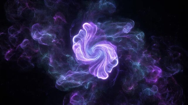 Vibrant purple and blue swirling smoke forms a mesmerizing pattern against a dark background with technology elements.