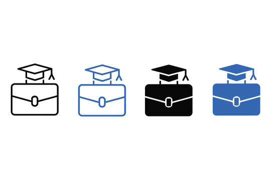  Internship icon set. Student graduate with briefcase and education book symbols. Career development, job training, and professional learning icons in outline and solid style